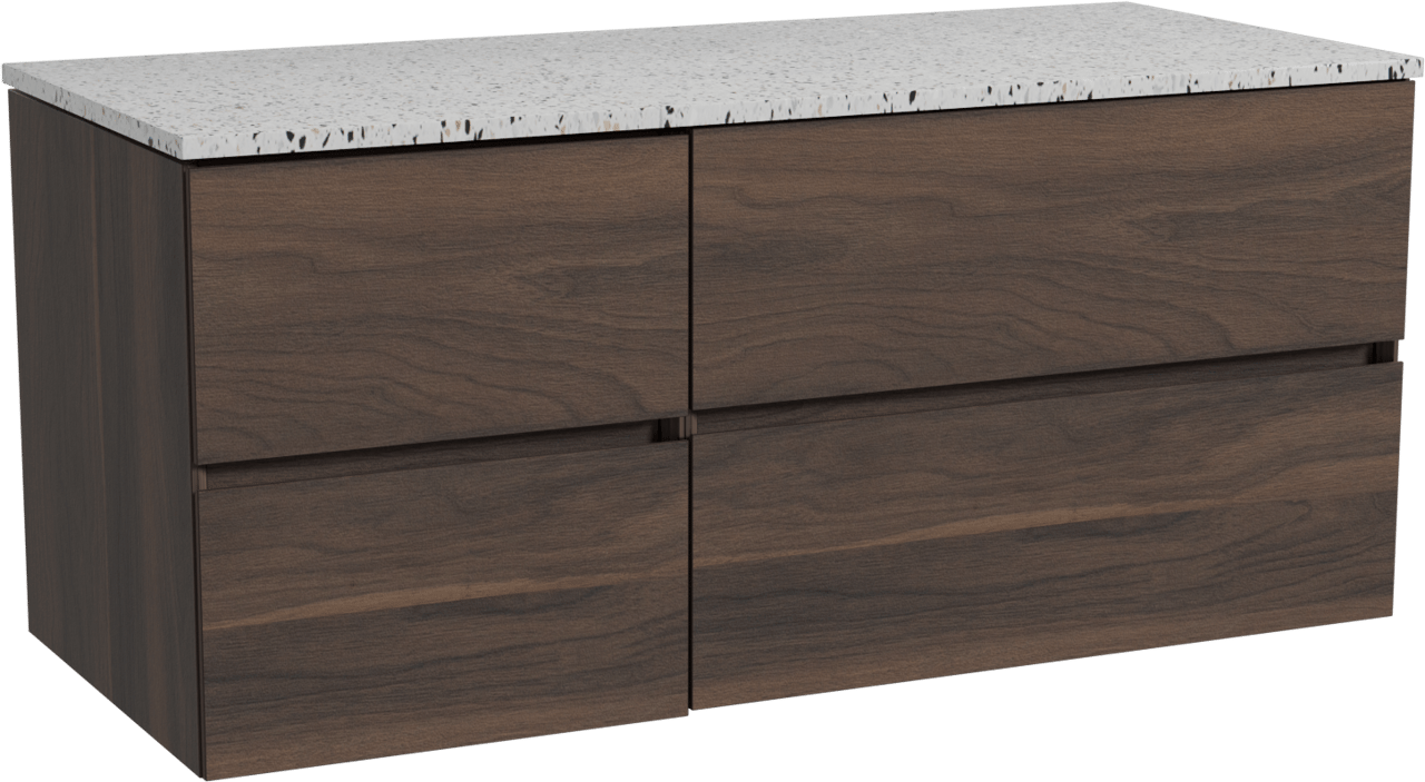 Storke Edge zwevend badmeubel 120 x 52 cm notenhout met Tavola enkel of dubbel wastafelblad in mat wit/zwart terrazzo