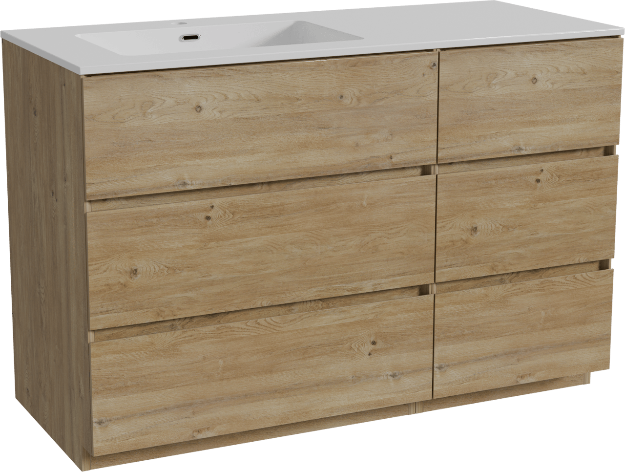 Storke Edge meuble salle de bains à poser 120 x 52 cm chêne brut avec Diva plan vasque asymétrique à gauche en marbre composite blanc brillant