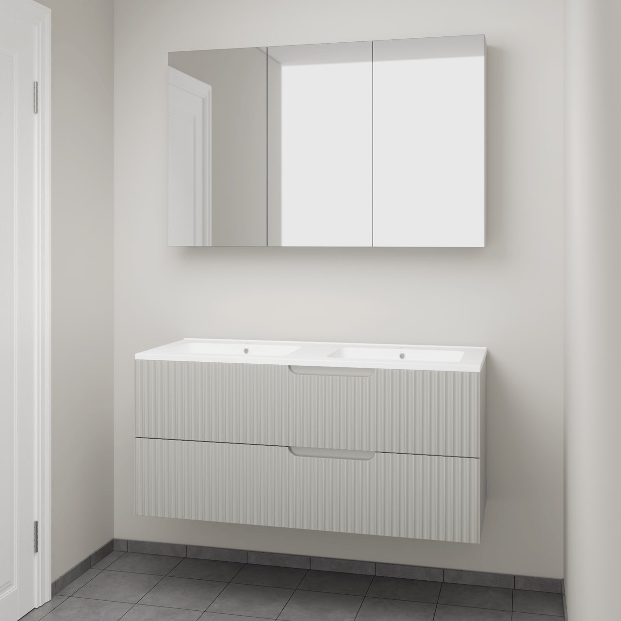 Linie Ribbo hängendes Möbelstück Set: 120 x 46 cm, Greige, mit Vano Doppelwaschtisch, Marmorkomposit, Weiß matt, Vertikale symmetrische runde Rippe und Montro Spiegelschrank