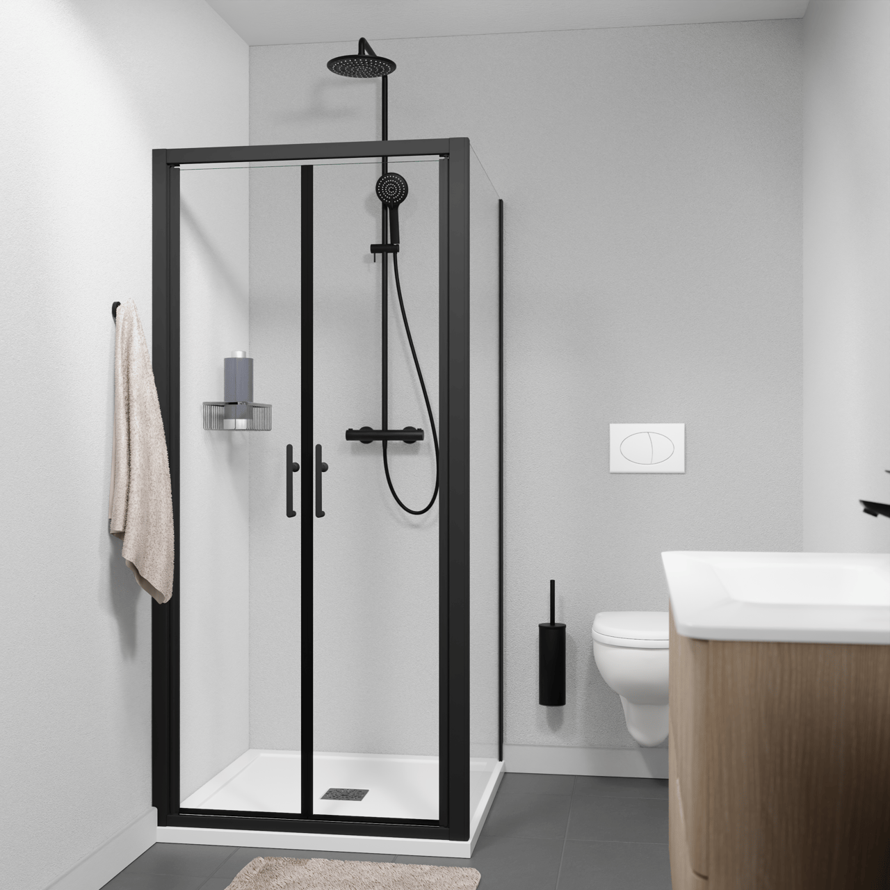 Linie Cadiz Eckdusche Pendeltür mit fixierter Seitenwand, 90 x 70 cm, Klarglas, Profil Schwarz