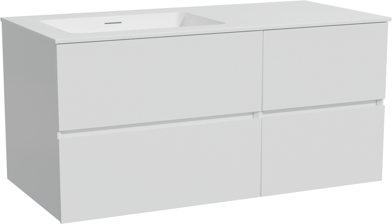 Storke Edge meuble salle de bains suspendu 110 x 52 cm blanc mat avec Mata plan vasque asymétrique à gauche en solid surface blanc mat