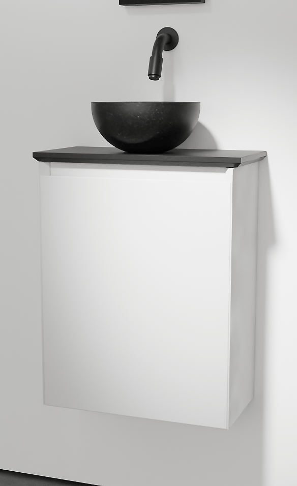 Balmani Mitra meuble wc suspendu 42 x 21 cm blanc mat avec Facetta tablette et Bari XS vasque à poser en granite aiguisé