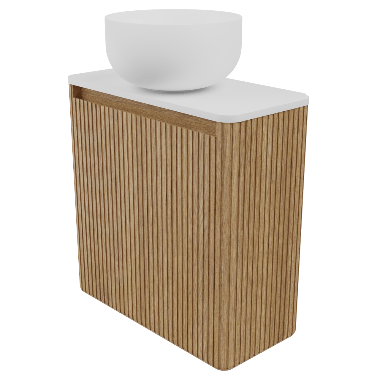 Balmani Fara Ribs meuble wc suspendu 45 x 22 cm chêne naturel avec Fara Stretto tablette et Bowl vasque à poser en Solid Surface mat