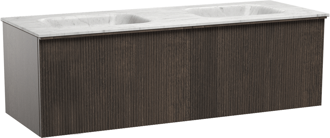 Balmani Forma zwevend badkamermeubel 150 x 55 cm gerookte eik met Tablo Arcato dubbele wastafel in marmer carrara, Verticale symmetrische rechte ribbel
