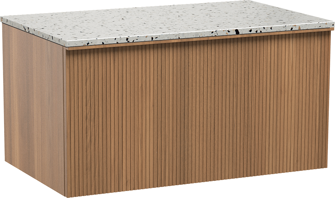 Balmani Forma hängendes Möbelstück Set: 90 x 55 cm, Teak, mit Stretto Einzel Waschtischplatte, Terrazzo in Weiß/Schwarz matt, Vertikale symmetrische gerade Rippe