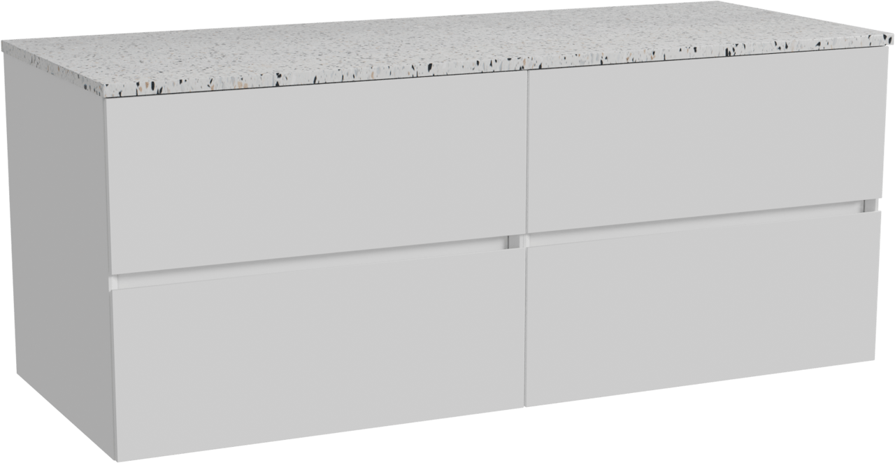 Storke Edge zwevend badmeubel 130 x 52 cm hoogglans wit met Tavola enkel of dubbel wastafelblad in mat wit/zwart terrazzo