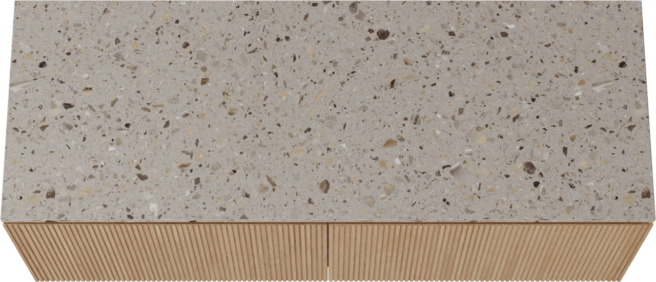 Balmani Eclips zwevend badmeubel 150 x 55 cm Natuur eiken met Stretto enkel of dubbel wastafelblad in Greige terrazzo, Verticale symmetrische rechte ribbel