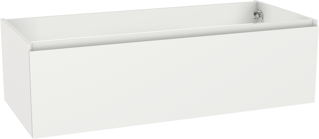 Storke Edge hängender Waschbeckenunterschrank: 120 x 52 cm, Weiß matt, 1 Schublade, 2 Siphonaussparungen