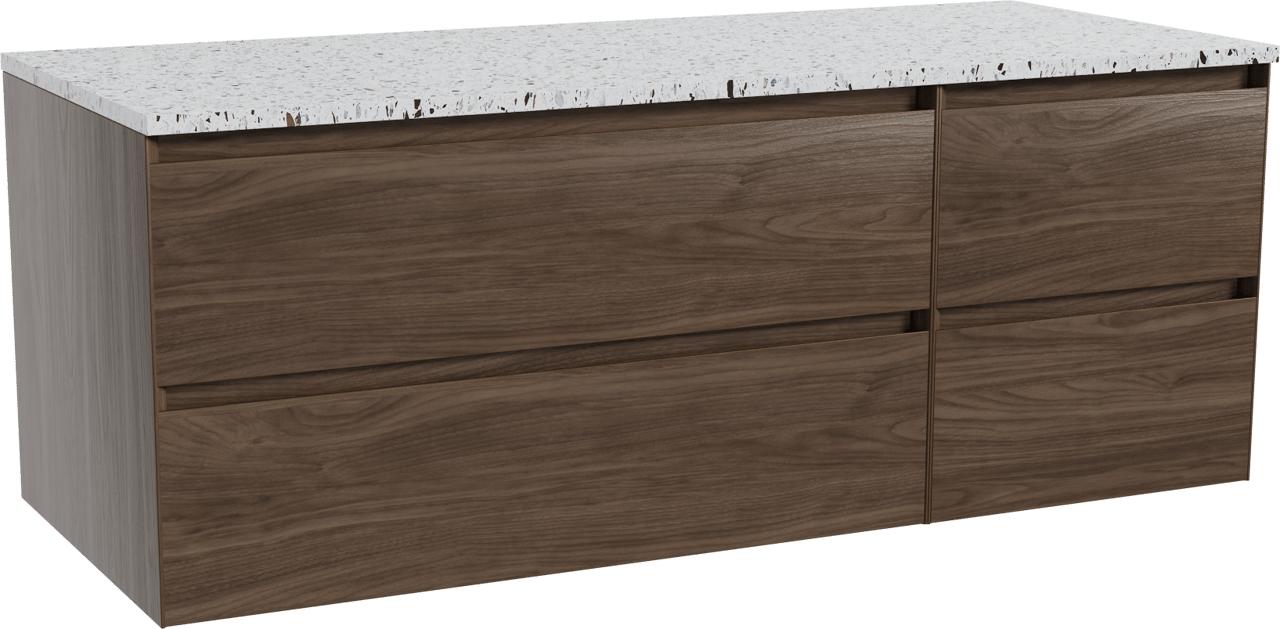 Balmani Mitra meuble salle de bains suspendu 135 x 55 cm noyer américain avec Stretto tablette simple ou double en blanc/noir mat terrazzo
