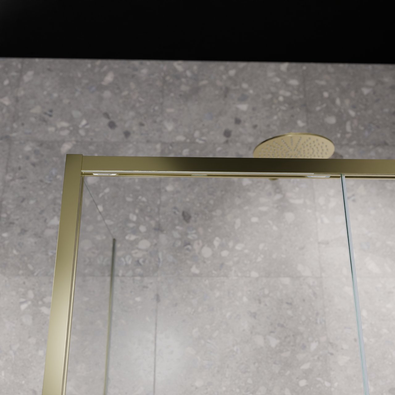 Balmani Senses Design Eckdusche: Schiebetür (Rechts) mit fixierte Seitenwand, 140 x 90 cm, Klarglas mit mattiertem Streifen, Profil Brushed Champagne Gold