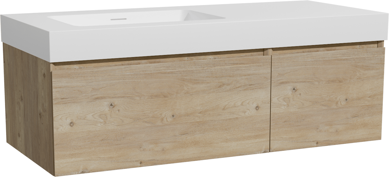 Storke Edge meuble salle de bains suspendu 120 x 52 cm chêne brut avec Mata High plan vasque asymétrique à gauche en solid surface blanc mat