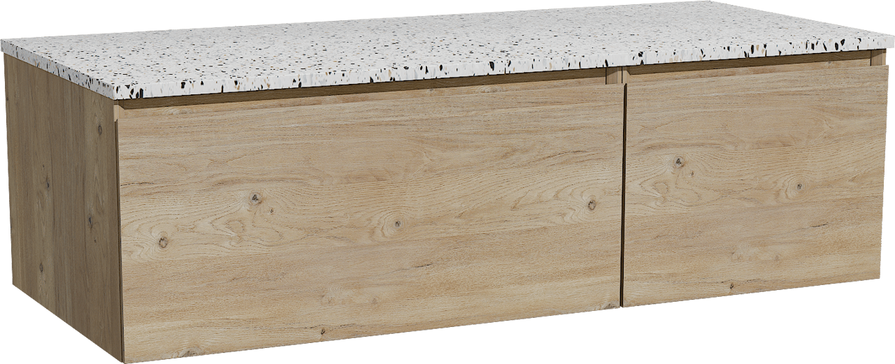 Storke Edge zwevend badmeubel 120 x 52 cm ruw eiken met Tavola enkel of dubbel wastafelblad in mat wit/zwart terrazzo