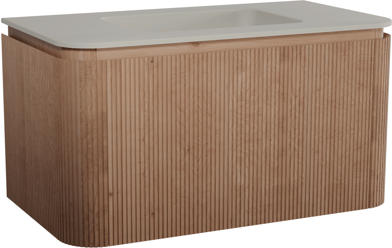 Balmani Moon meuble salle de bains suspendu 100 x 55 cm chêne naturel avec Moon plan simple en top solid soie grise, Nervure droite symétrique verticale