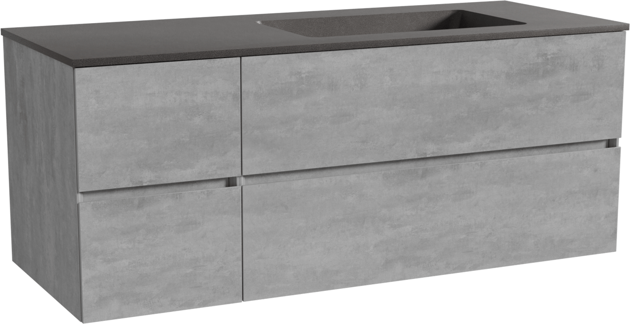 Storke Edge zwevend badmeubel 130 x 52 cm beton donkergrijs met Scuro asymmetrisch rechtse wastafel in kwarts mat zwart