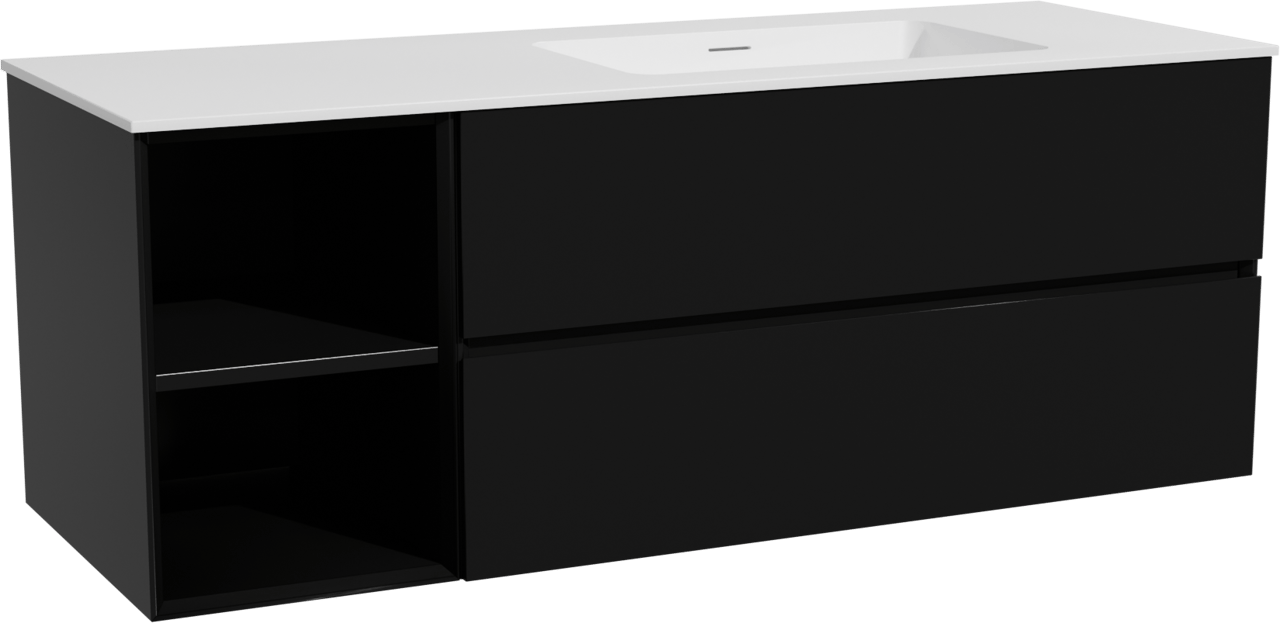 Storke Edge meuble salle de bains suspendu 140 x 52 cm noir mat avec Mata plan vasque asymétrique à droite en solid surface blanc mat