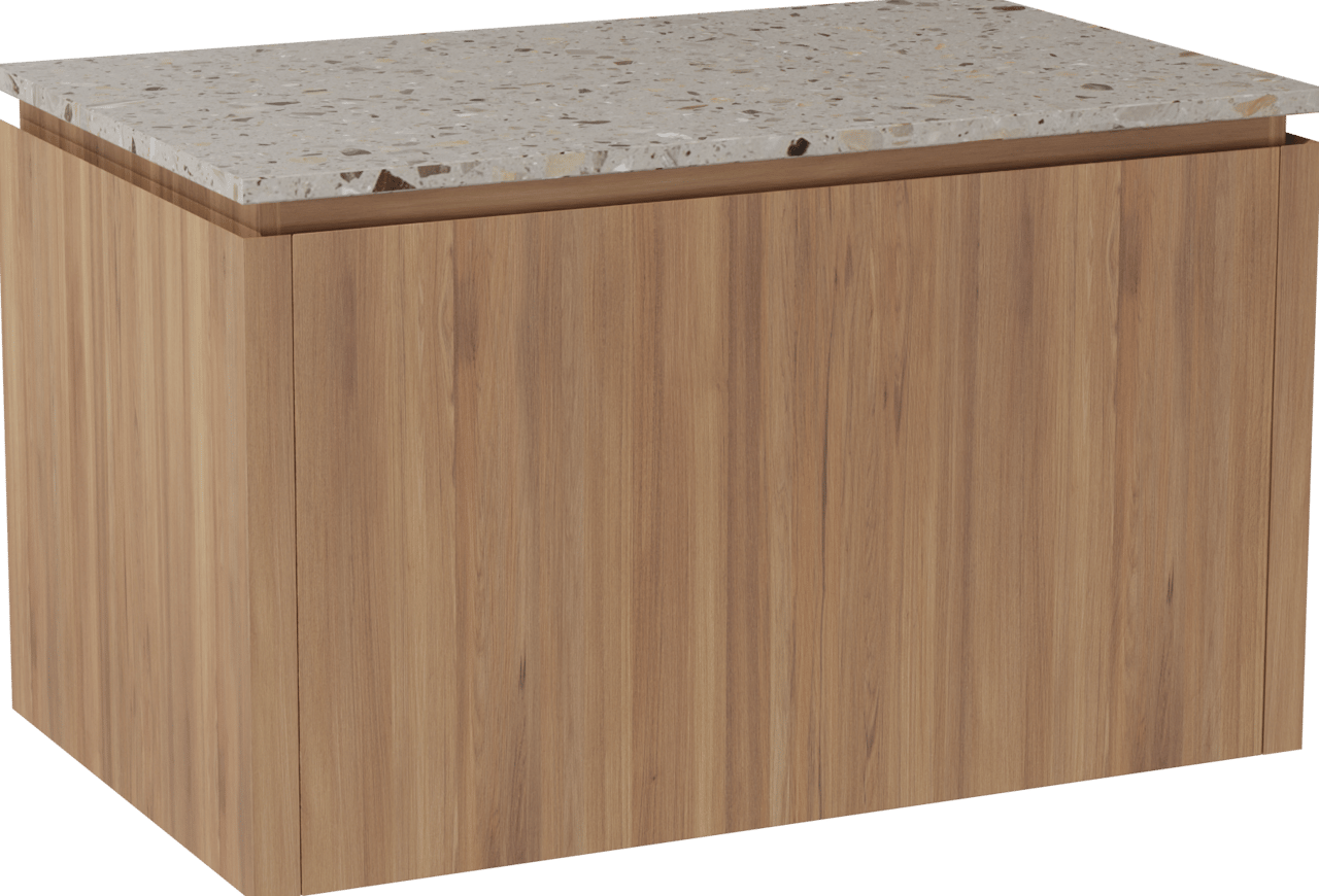 Balmani Eclips hängendes Möbelstück Set: 90 x 55 cm, Teak, mit Stretto Einzel Waschtischplatte Greige Terrazzo