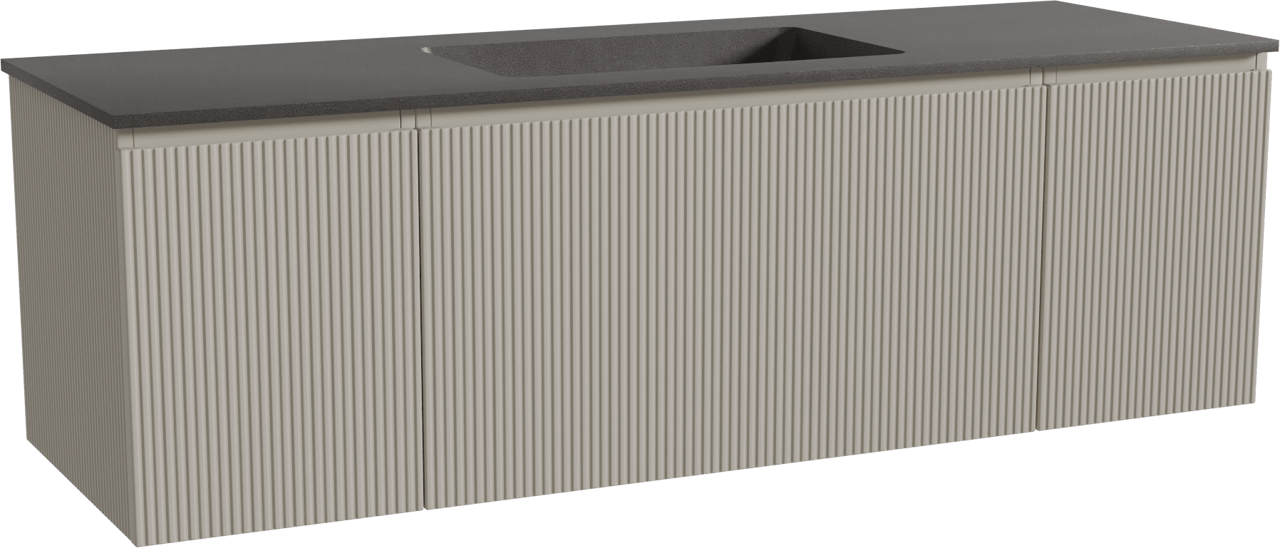 Storke Ribs zwevend badmeubel 155 x 52 cm zijdegrijs met Scuro enkele wastafel in kwarts mat zwart, Verticale symmetrische rechte ribbel