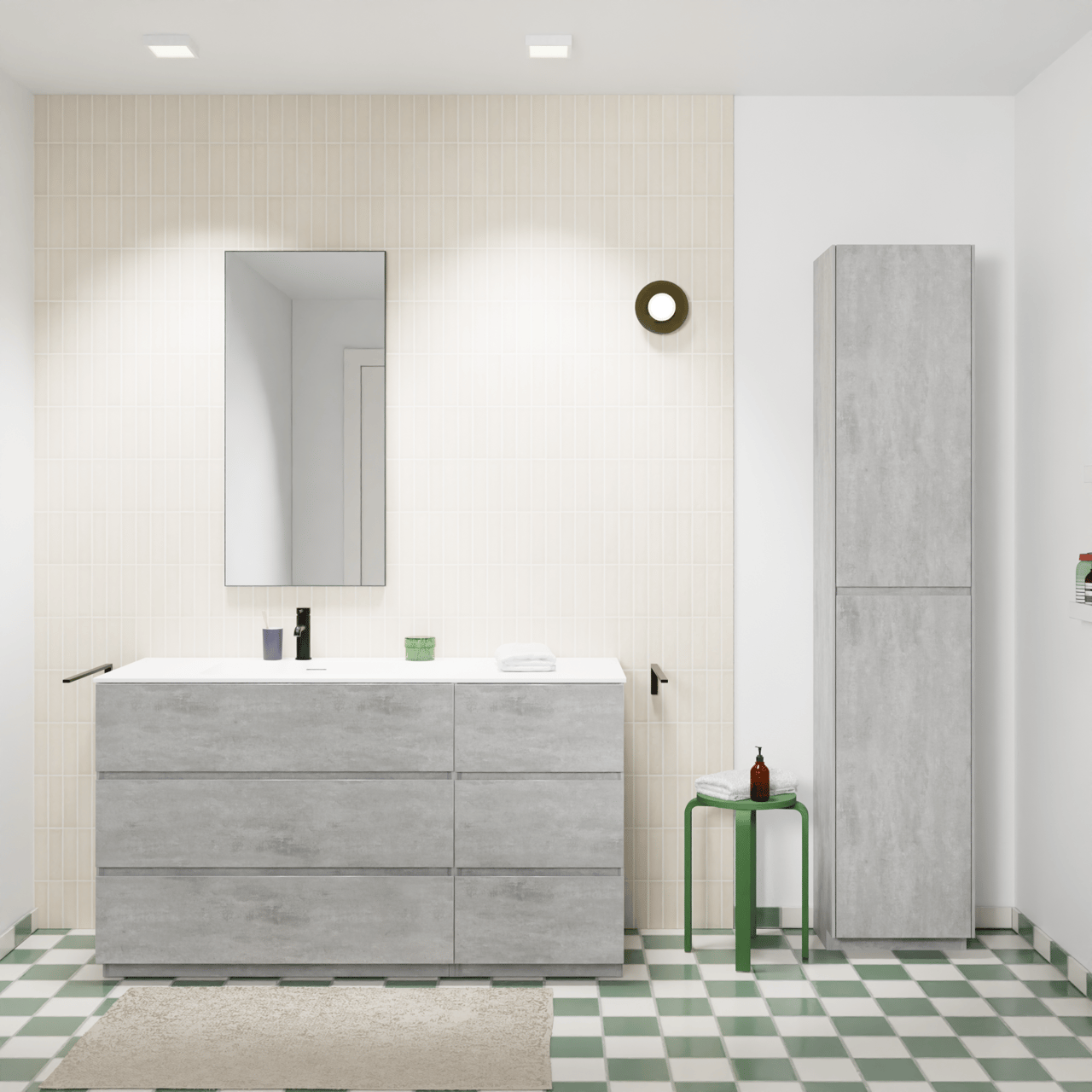 Storke Edge meuble salle de bains à poser 140 x 52 cm béton gris foncé avec Mata plan vasque asymétrique à gauche en solid surface blanc mat