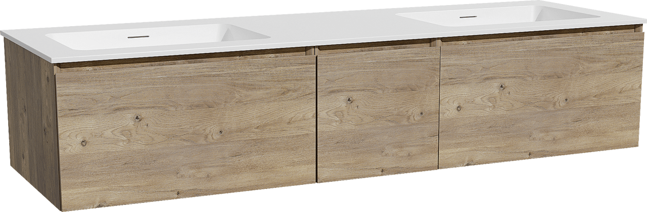 Storke Edge zwevend badkamermeubel 165 x 52 cm ruwe eik met Mata dubbele wastafel in solid surface mat wit