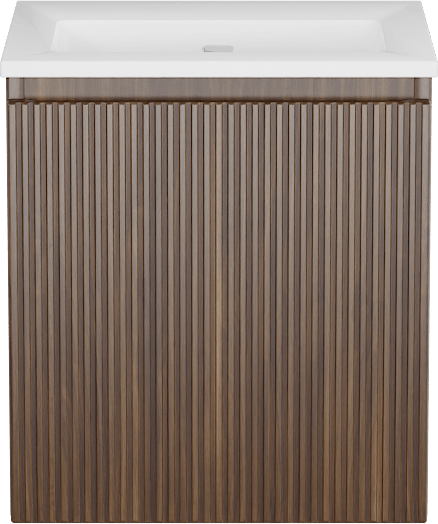 Storke Ribs zwevend badkamermeubel 45 x 35 cm notelaar met Bilia enkele wastafel in composietmarmer glanzend wit, Verticale symmetrische rechte ribbel