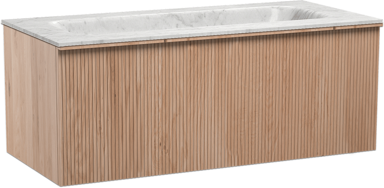 Balmani Forma zwevend badmeubel 120 x 55 cm naturel eiken met Tablo Arcato enkele wastafel in marmer carrara, Verticale symmetrische rechte ribbel