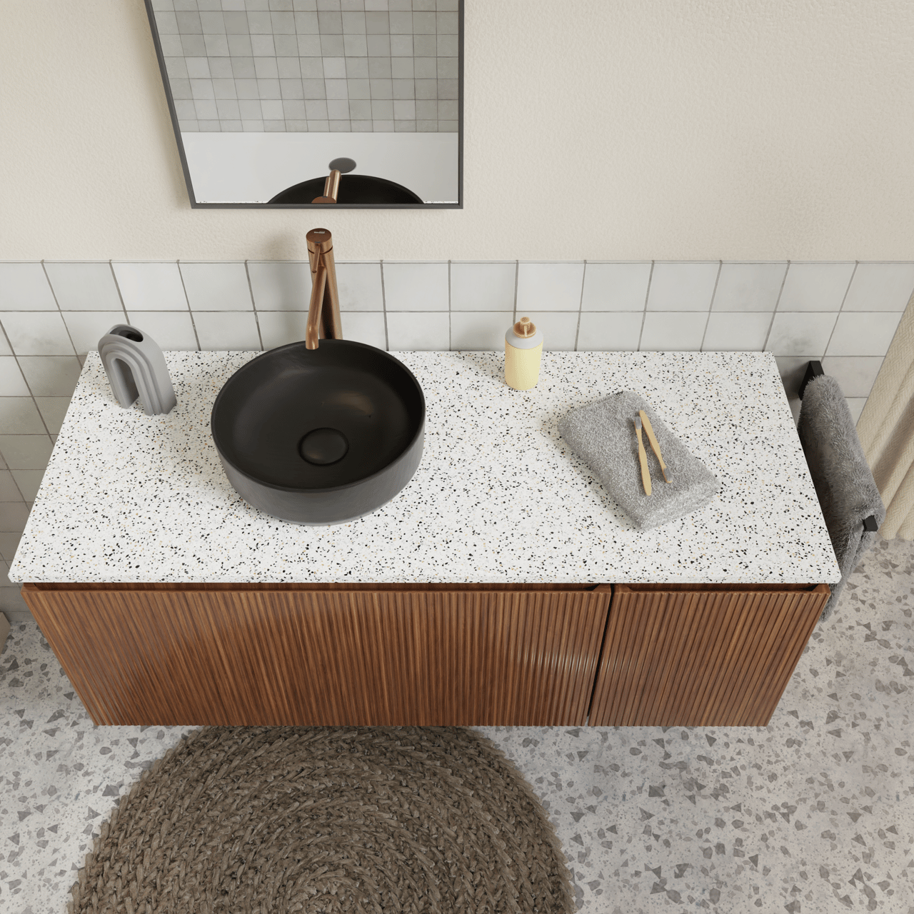 Storke Tavola Einzel- oder Doppel Waschtischplatte Weiß/Schwarz Terrazzo Matt 130 x 52 cm