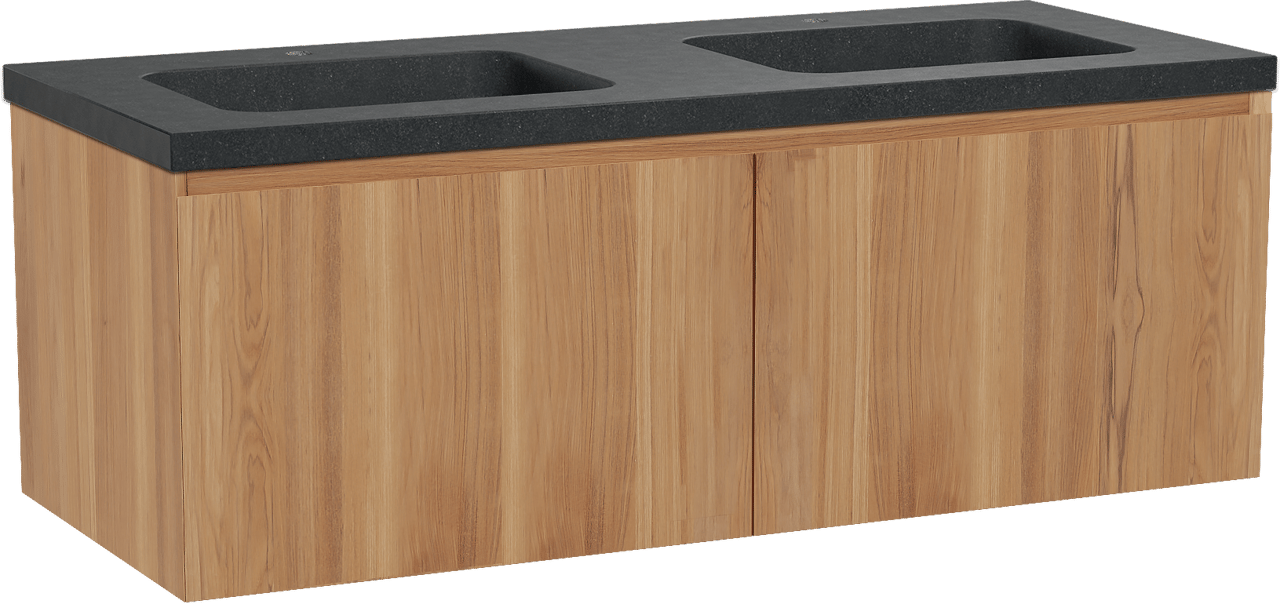Balmani Idra by Mitra zwevend badkamermeubel 135 x 55 cm teak met Napoli dubbele wastafel in graniet zwart