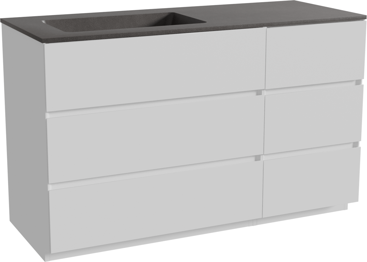 Storke Edge staand badmeubel 130 x 52 cm mat wit met Scuro asymmetrisch linkse wastafel in kwarts mat zwart