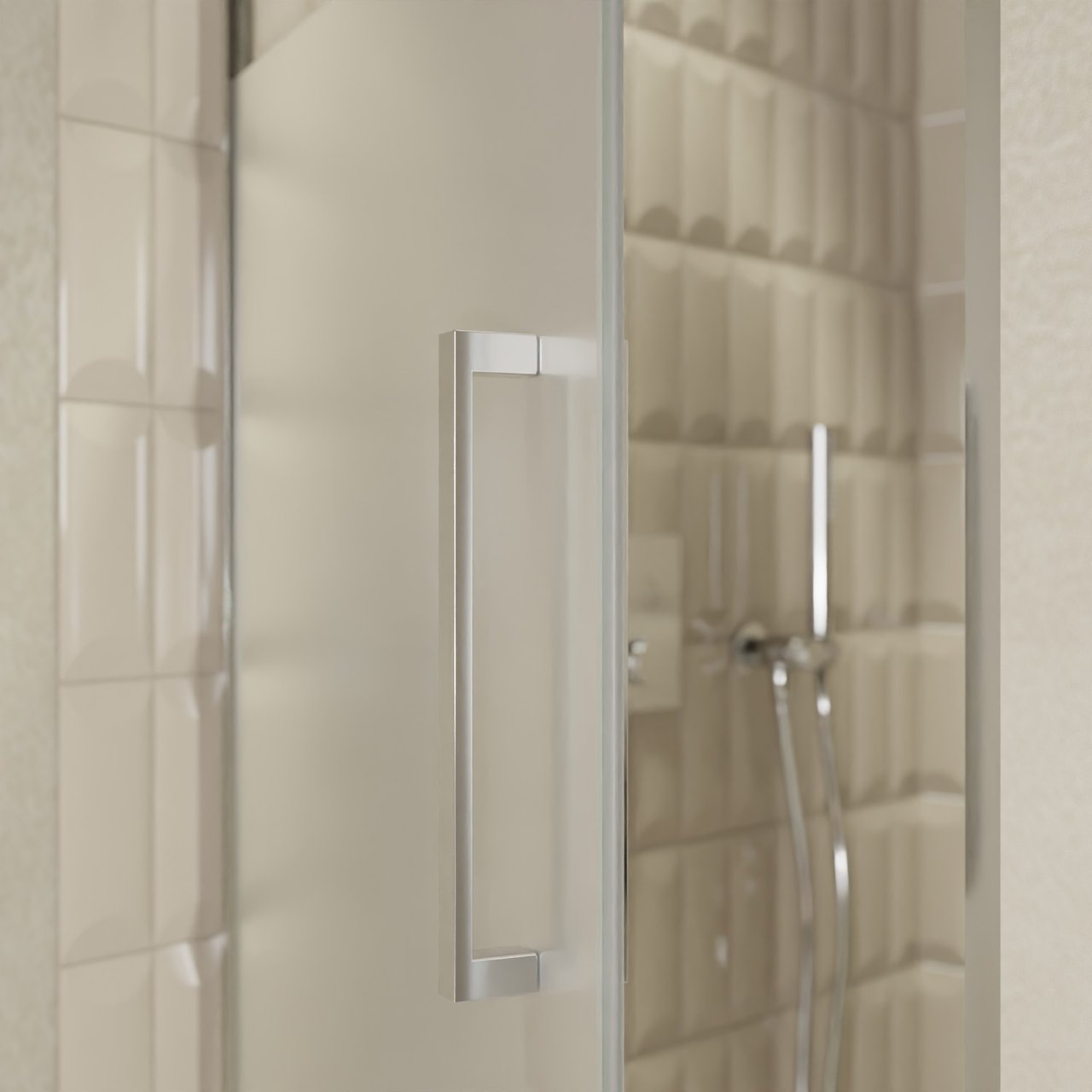 Balmani Senses Design Dusche Drehtür, Links, 90 cm x 210 cm, Klarglas mit mattiertem Streifen, Profil Chrom, inklusive Coating