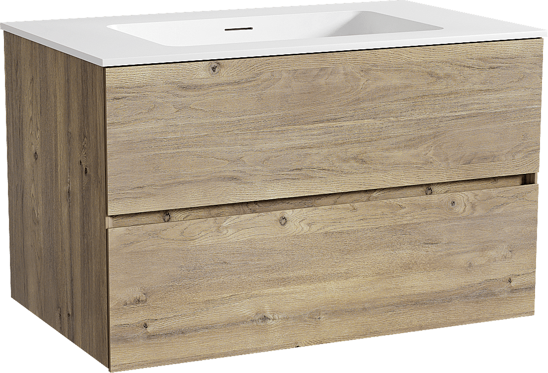 Storke Edge zwevend badkamermeubel 85 x 52 cm ruwe eik met Mata enkele wastafel in solid surface mat wit