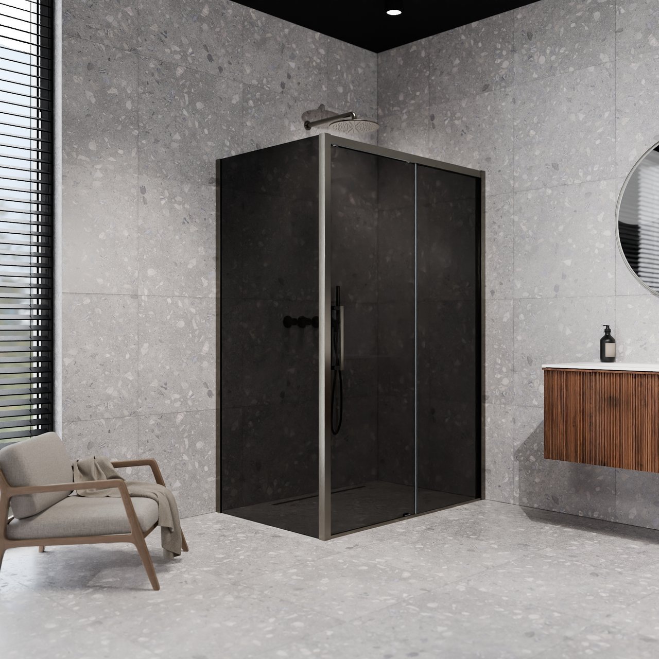 Balmani Senses Design douchehoek met rechtse schuifdeur en vaste zijwand, 160 x 90 cm, Rookglas, Brushed GunMetal profielen