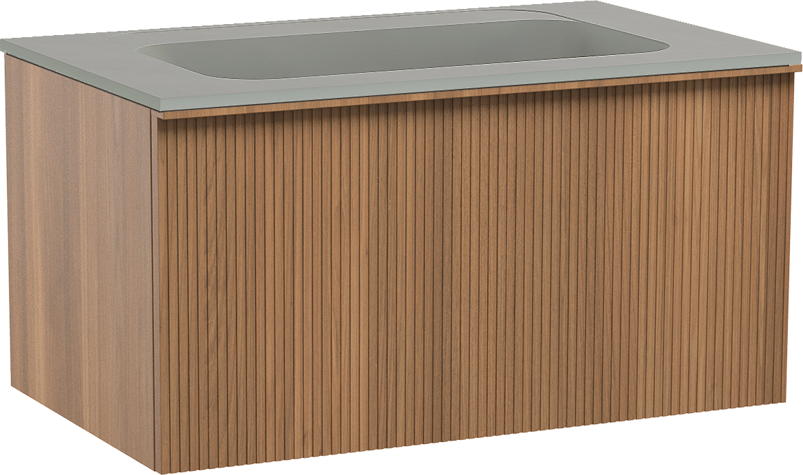 Balmani Forma hängendes Möbelstück Set: 90 x 55 cm, Teak, mit Tablo Strada Einzelwaschtisch, Marmorkomposit, Seidengrau, Vertikale symmetrische gerade Rippe