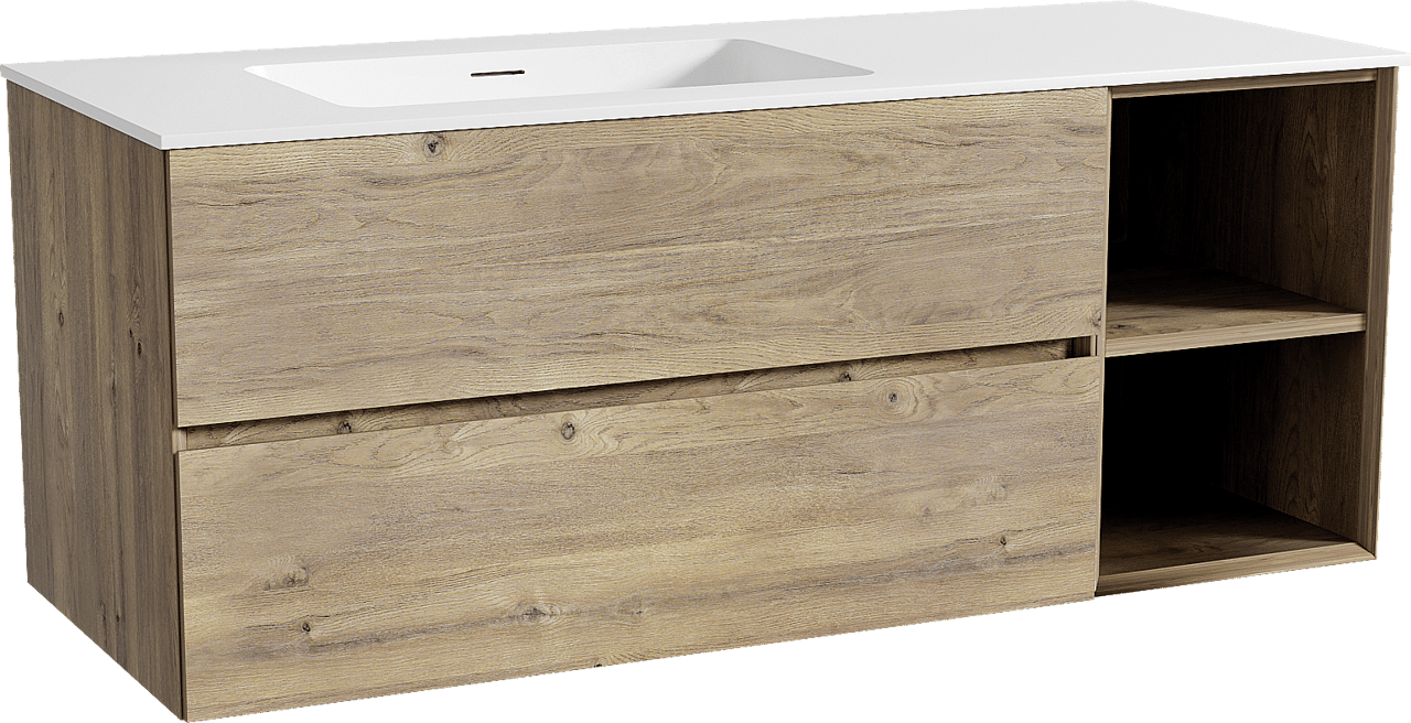 Storke Edge zwevend badkamermeubel 130 x 52 cm ruwe eik met Mata asymmetrisch linkse wastafel in solid surface mat wit