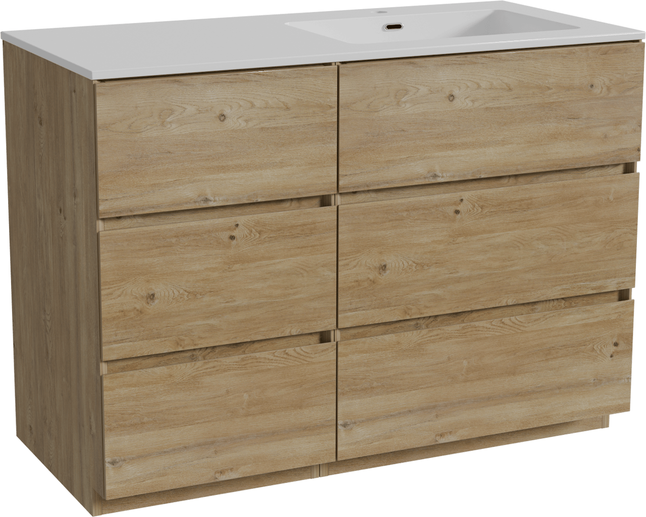 Storke Edge staand badkamermeubel 110 x 52 cm ruwe eik met Diva asymmetrisch rechtse wastafel in composietmarmer glanzend wit