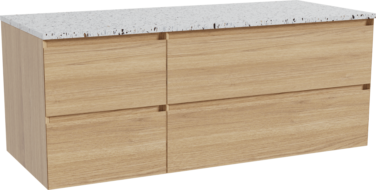 Balmani Mitra meuble salle de bains suspendu 135 x 55 cm chêne naturel avec Stretto tablette simple ou double en blanc/noir mat terrazzo