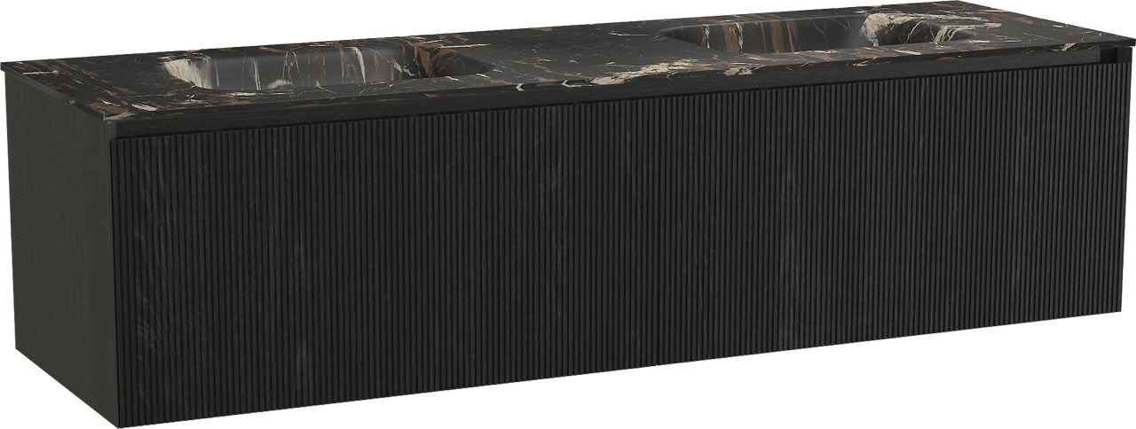 Balmani Fila by Mitra meuble salle de bains suspendu 180 x 55 cm chêne noir avec Tablo Arcato double vasque en marbre portoro gold, Nervure droite symétrique verticale