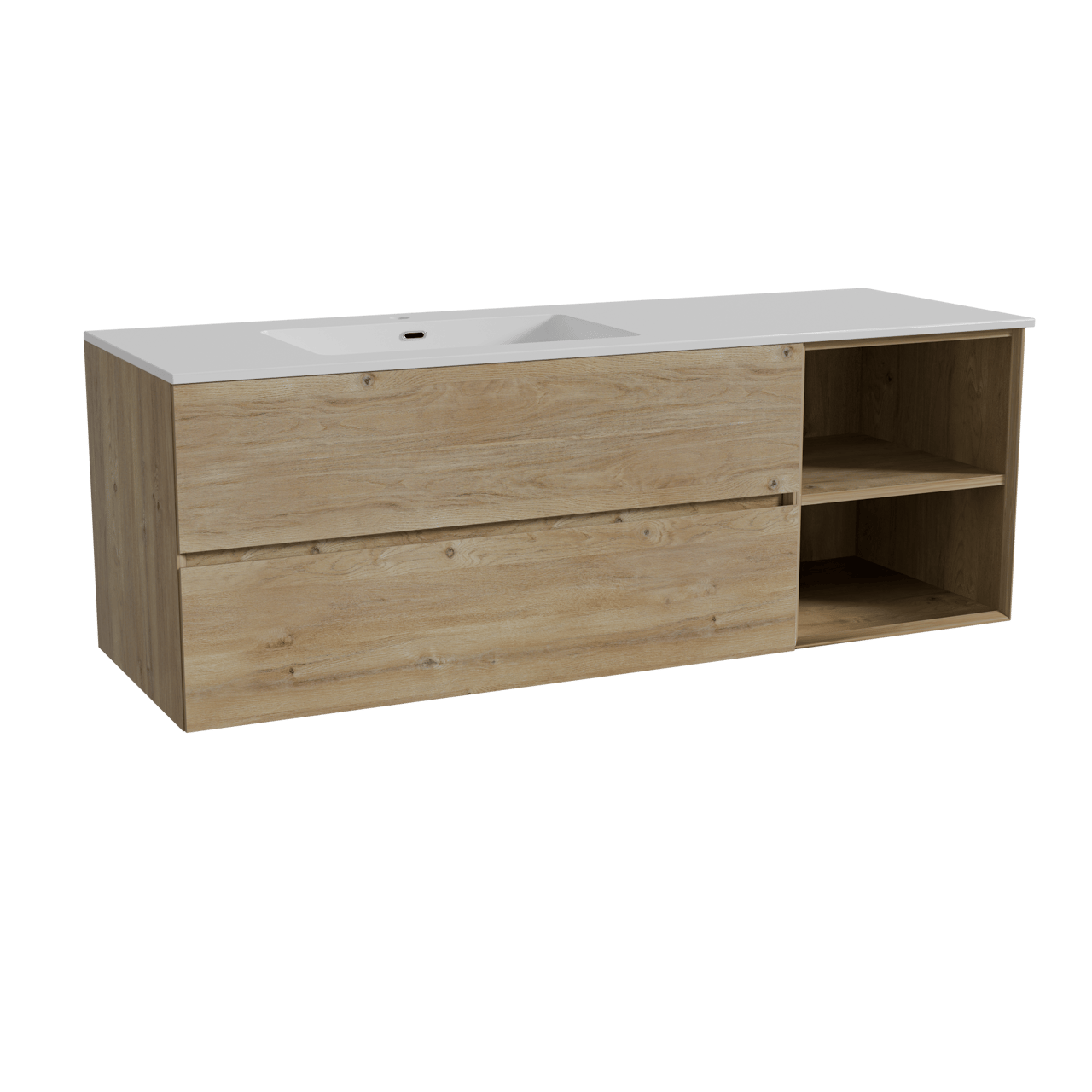 Storke Edge zwevend badmeubel 150 x 52 cm ruw eiken met Diva asymmetrisch linkse wastafel in composietmarmer hoogglans wit