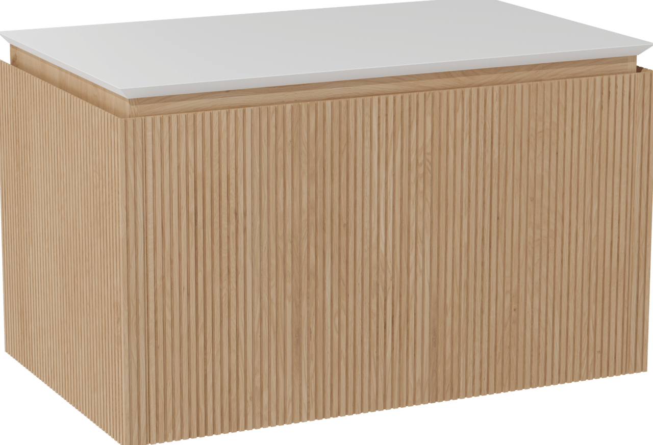 Balmani Eclips meuble salle de bains suspendu 90 x 55 cm Chêne naturelle avec Eclips tablette simple en Solid Surface blanc mat, Nervure droite symétrique verticale
