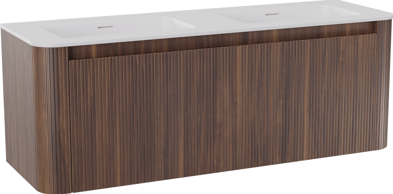 Storke Soft meuble salle de bains suspendu 140 x 46 cm noyer avec Mata Soft double vasque en Solid Surface blanc mat, Nervure droite symétrique verticale