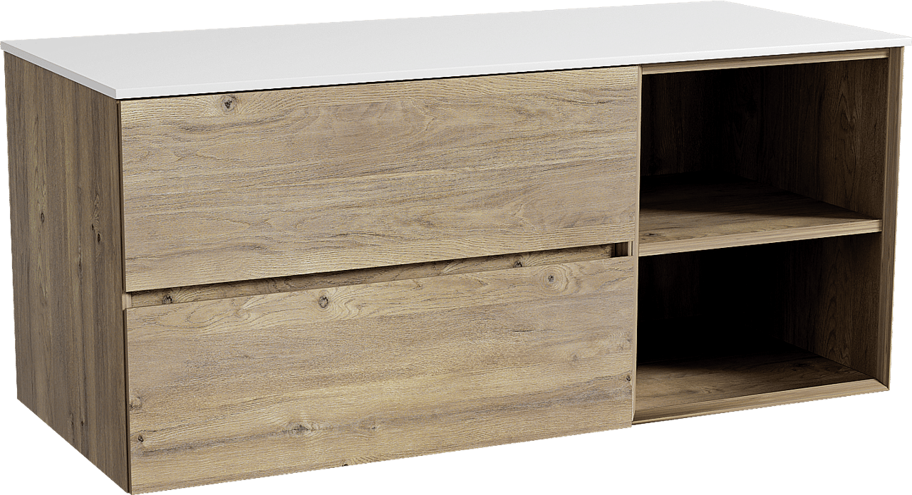 Storke Edge zwevend badmeubel 120 x 52 cm ruw eiken met Tavola enkel of dubbel wastafelblad in solid surface mat wit