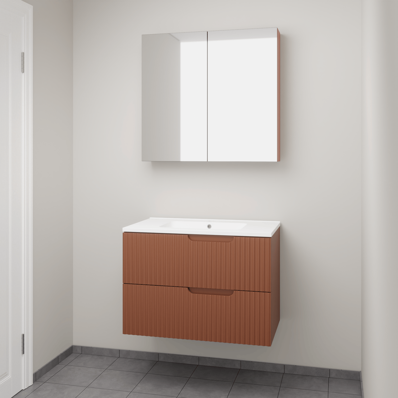 Linie Ribbo hängendes Möbelstück Set: 80 x 46 cm, Cotto, mit Vano Einzelwaschtisch, Marmorkomposit, Weiß matt, Vertikale symmetrische runde Rippe und Montro Spiegelschrank