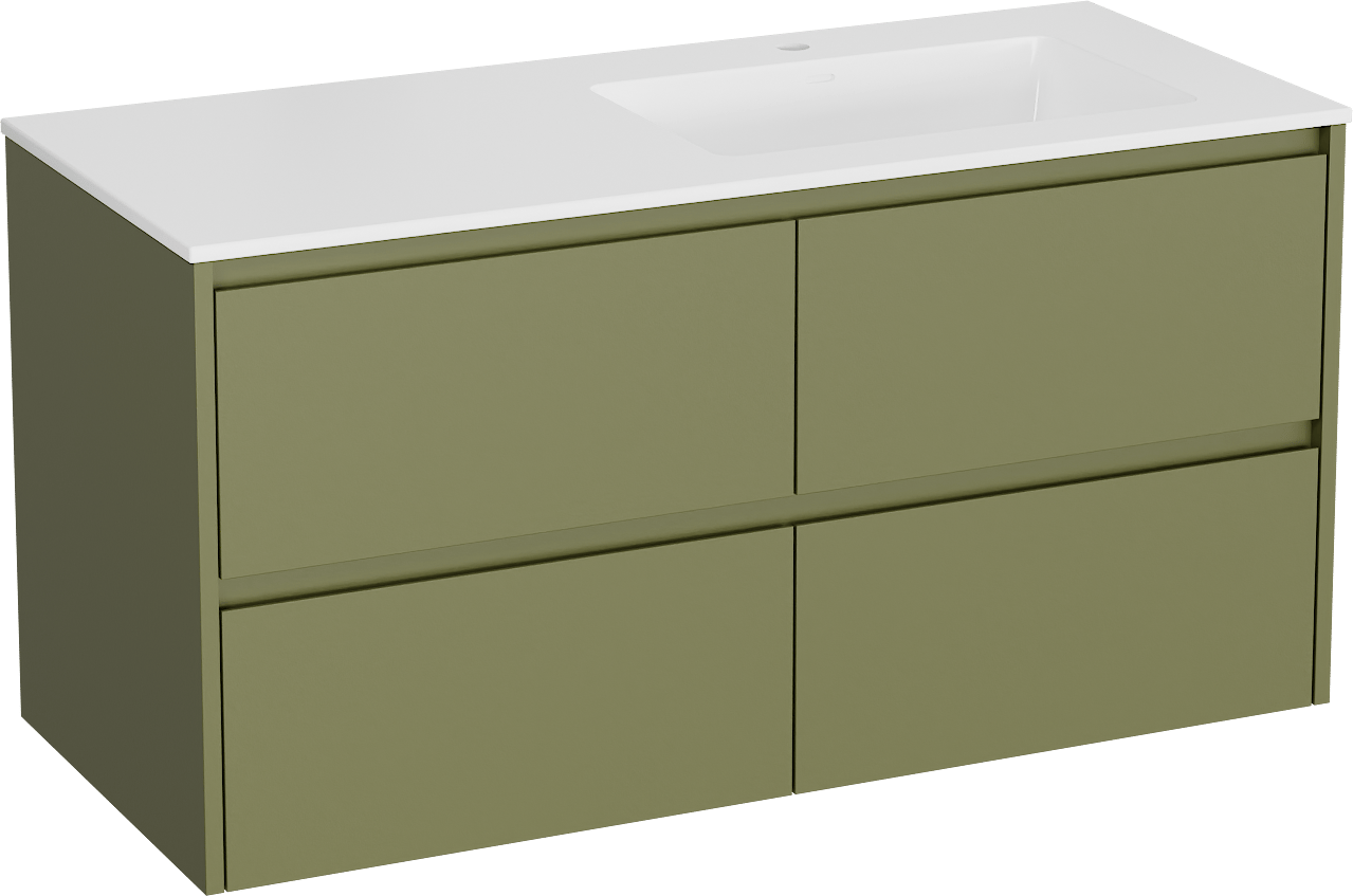 Storke Seda zwevend badkamermeubel 120 x 52 cm olijfgroen met Bilia asymmetrisch rechtse wastafel in composietmarmer glanzend wit