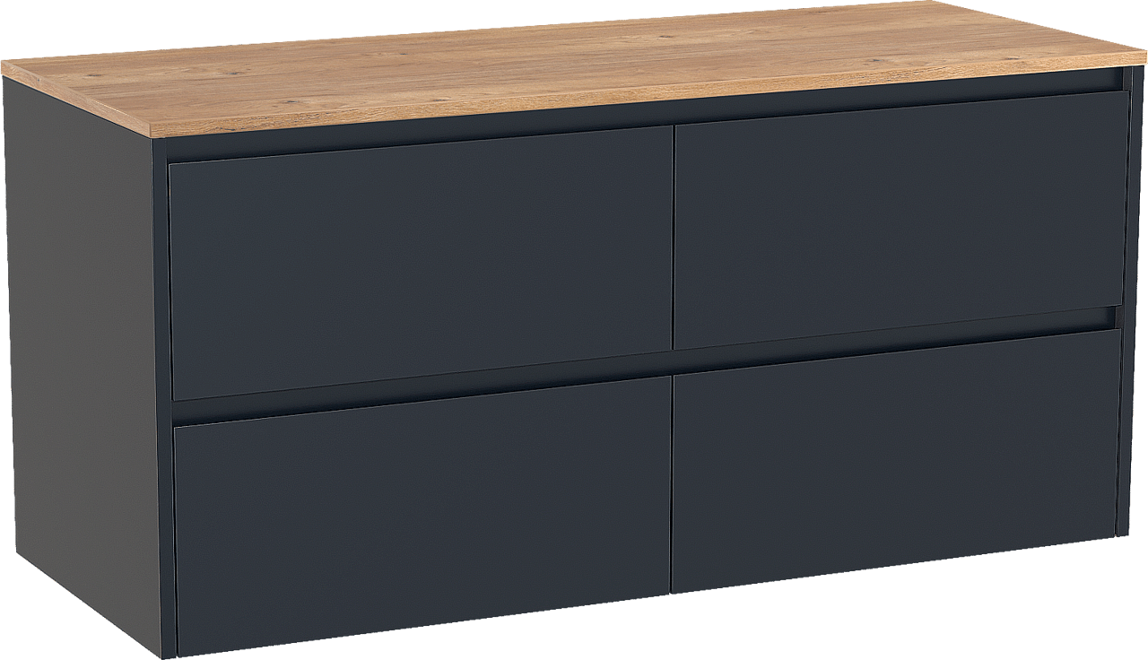 Storke Seda zwevend badkamermeubel 130 x 52 cm nachtblauw met Panton enkel of dubbel tablet in melamine ruwe eik