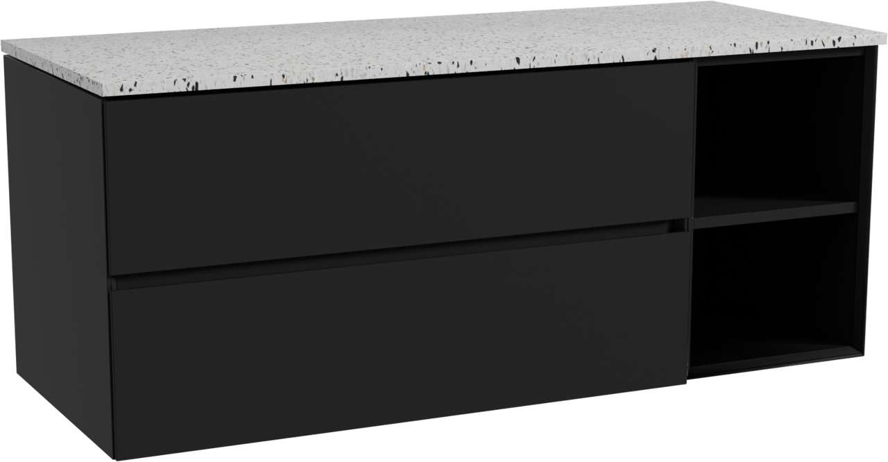 Storke Edge meuble salle de bains suspendu 130 x 52 cm noir mat avec Tavola tablette simple ou double en blanc/noir mat terrazzo