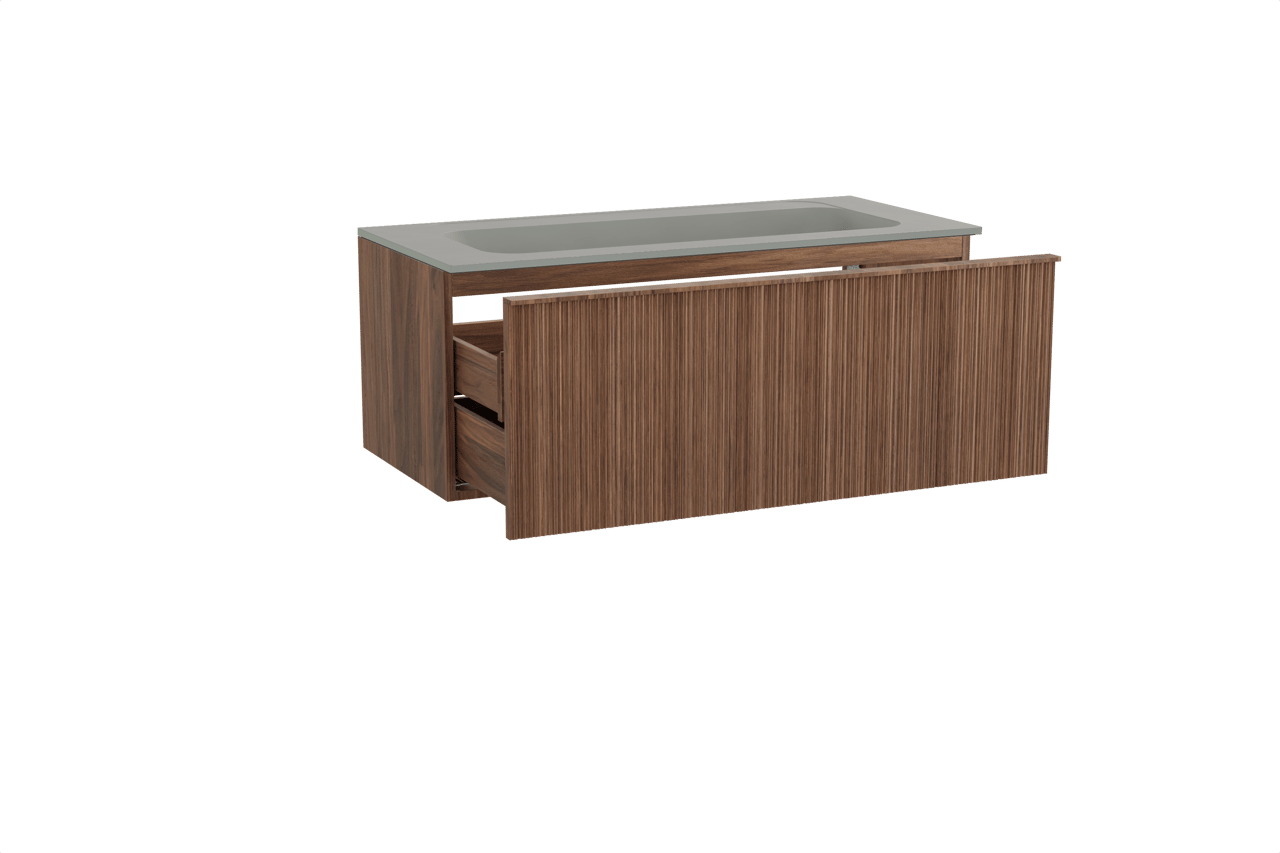 Balmani Forma zwevend badkamermeubel 120 x 55 cm amerikaanse notelaar met Tablo Strada enkele wastafel voor 2 kraangaten in composietmarmer zijdegrijs, Verticale asymmetrische ronde ribbel