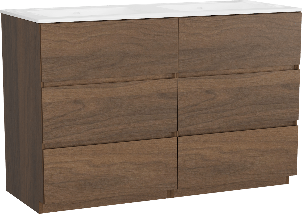 Storke Edge meuble salle de bains à poser 130 x 52 cm noyer avec Bilia double vasque en marbre composite blanc brillant