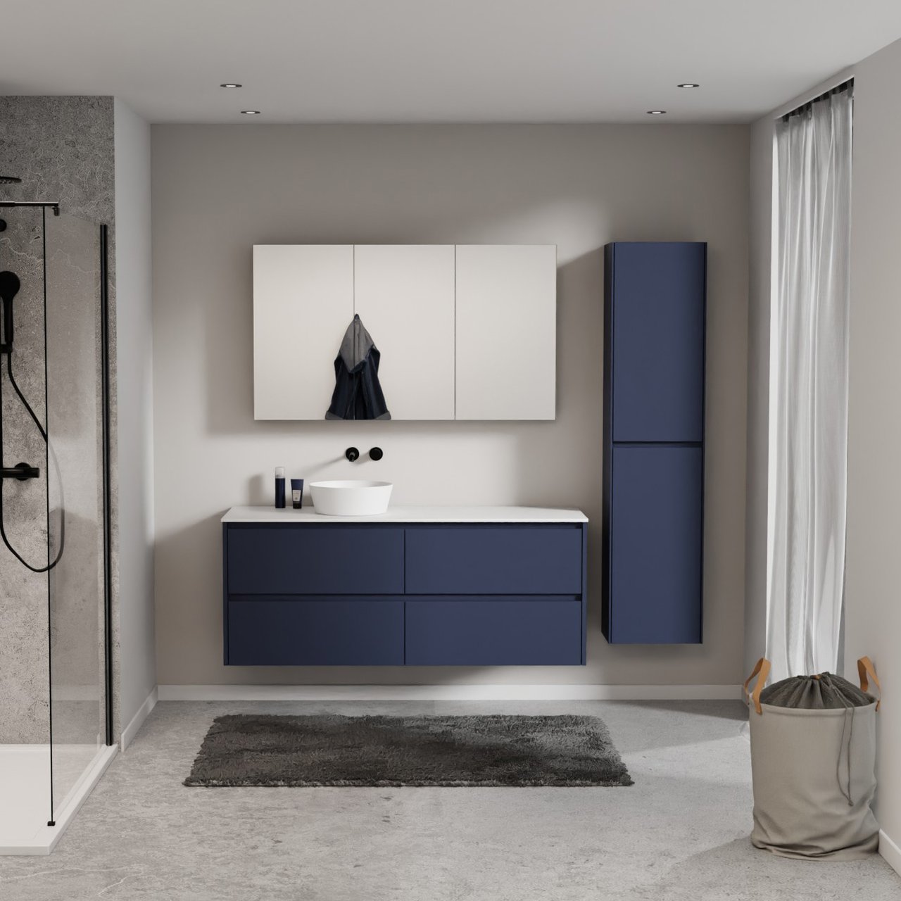 Storke Seda meuble salle de bains suspendu 150 x 52 cm bleu nuit avec Tavola tablette simple ou double en solid surface blanc mat