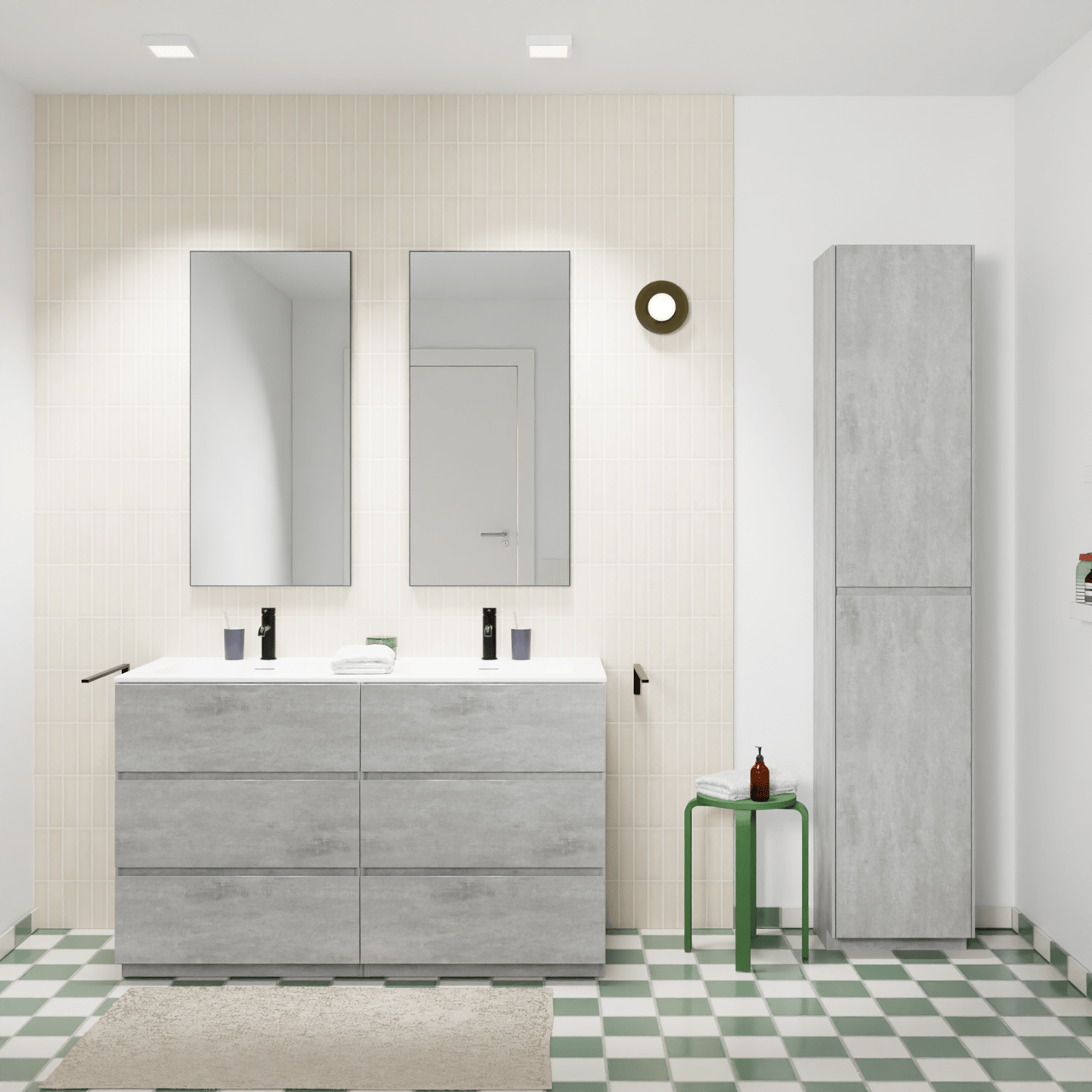 Storke Edge freistehendes Möbelstück Set: 130 x 52 cm, Beton dunkelgrau, mit Mata Doppelwaschtisch, Solid Surface Weiß matt