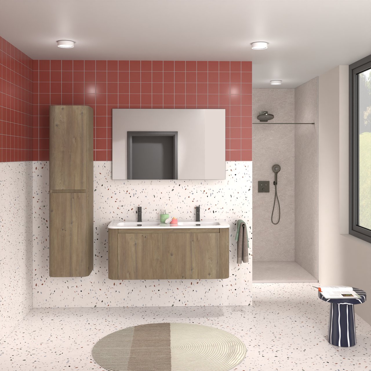 Storke Soft meuble salle de bains suspendu 120 x 46 cm chêne brut avec Kera Soft double vasque en porcelaine blanc brillant, Nervure droite symétrique verticale
