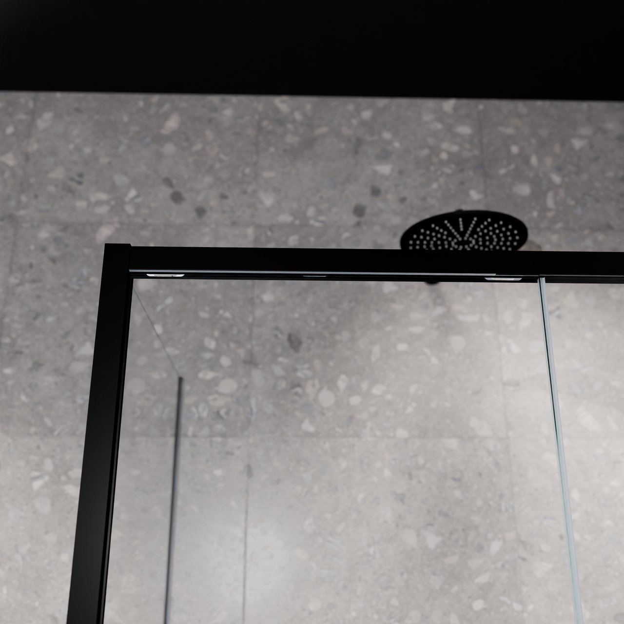 Balmani Senses Design Eckdusche: Schiebetür (Rechts) mit fixierte Seitenwand, 140 x 90 cm, Klarglas mit mattiertem Streifen, Profil Schwarz matt